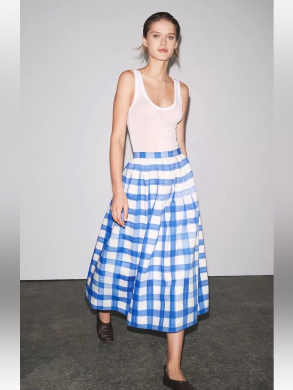 NWT Zara Blue and White Checkered Pleated Skirt - L